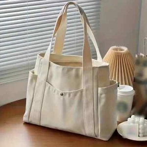 Large Capacity Canvas Tote Bags Multi-pocket Shoulder, for School,work,travel - Picture 1 of 4
