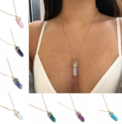 Natural Quartz Crystal Healing Hexagon 18K Gold Plated Gemstone Pendant Necklace - Image 1 of 4