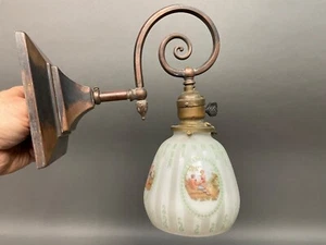 Antique Brass Wall Light Fixture Acid Etched Portrait Glass Shade & canopy Mount - Picture 1 of 15