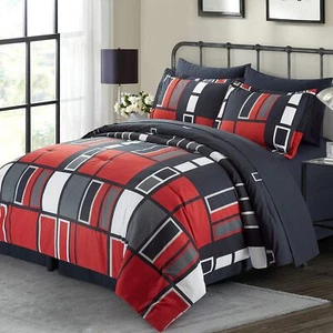 Black Gray Red Plaid Pattern Bed In A Bag 6 Piece Bedding Twin Comforter Sets 1 - Picture 1 of 7