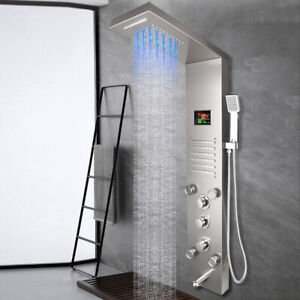 LED Chrome Shower Panel System Digital Display Massage Jets 6-Way Shower Faucet