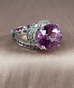 SPARKLING 925 STERLING SILVER Lilac Tourmaline & Clear CZ RING 6.25 FREE SHIP - Picture 1 of 10