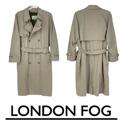 Vintage Y2K London Fog Sz 44 Classic Tan Double Breasted Trenchcoat Belted Lined - Image 1 of 4