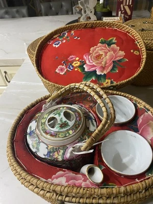 Vintage Chinese Tea Set in Woven Basket Box Floral Porcelain Cups & Pot - Image 1 of 4