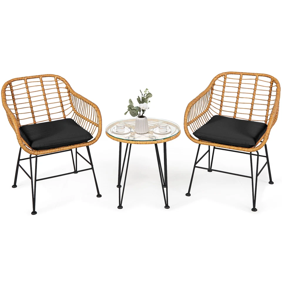 Costway 3PCS Patio Rattan Bistro Furniture Set Cushioned Chair Table Black