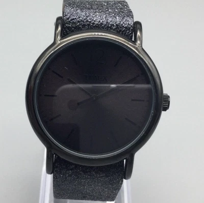 Timex Watch Womens 38mm Black Dial Gray Glitter Leather Strap T2P337 New Battery - Image 1 of 4