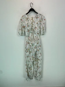 ASOS Design White Floral Jumpsuit Puff Sleeve Cut Out Waist Tie Front UK 12 - Picture 1 of 12