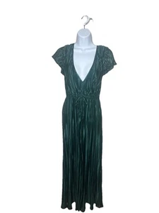 Vestido midi Urban Outfitters verde perenne metálico arrugado satinado profundo cuello en V talla S - Imagen 1 de 15