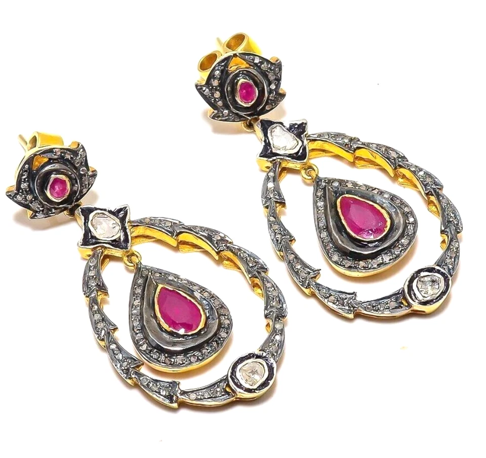 Natural Teardrop Ruby Earrings 925 Silver Gold Polki & Pave Diamond Earrings - Image 1 of 4