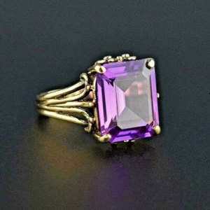 3CT Emerald Cut Purple Amethyst Solitaire Engagement Ring 14K Yellow Gold Finish - Picture 1 of 5