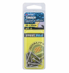 2x Zenith TIMBER SCREW LONG Thread PHILLIPS Drive STAINLESS STEEL 8Gx25mm- 10pcs - Picture 1 of 1