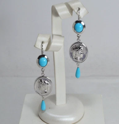 ORECCHINI  ARGENTO 925 STAMPE  CAMMEI TURCHESE NATURALE 8 x 10 mm      AGHT 0190 - Immagine 1 di 3