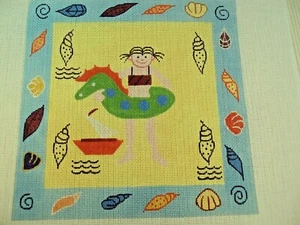 Needlepoint Hand Stitch Painted Canvas Needlepoint of Back Bay X3 Girl Dinosaur - Picture 1 of 2