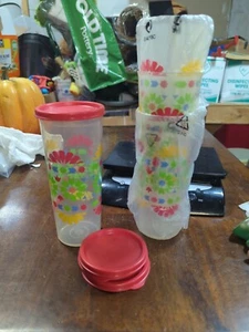 Bright 4 Tupperware 16oz Tumblers with lids in Flower Theme Colors NEW - Picture 1 of 2