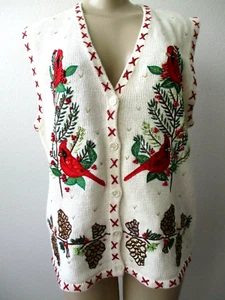 BOBBIE BROOKS OFF WHITE CARDINAL BIRDS EMBELLISHED SLEEVELESS VEST SIZE L 12/14 - Picture 1 of 7