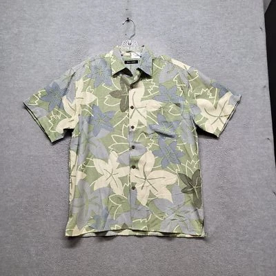 Шелковый значок мужчин рубашка на пуговицах M зеленый синий бежевый гавайский цветочный - Изображение 1 из 4