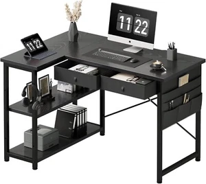 39" Small Desk with Drawers Shelves and Side Pouch Study Table Black - Picture 1 of 7