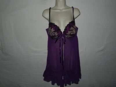 Cacique 18/20 Púrpura Lencería Babydoll Camisón Cierre Frontal Encaje Recortado Tazas Foto 1 de 3