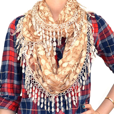 Bufanda de encaje infinito lazo semilla de melón flecos largos hoja floral lágrima transparente Foto 1 de 2
