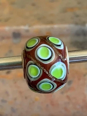 Trollbeads Fairy Tale Forest Mini Barrel ~ Glitter Brown & Lime Magic Eyes ~ - Image 1 of 4