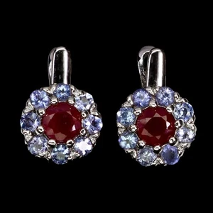 925 Sterling Silver Earrings Round Ruby 5mm Tanzanite Natural Gemstone Jewelry - Picture 1 of 13