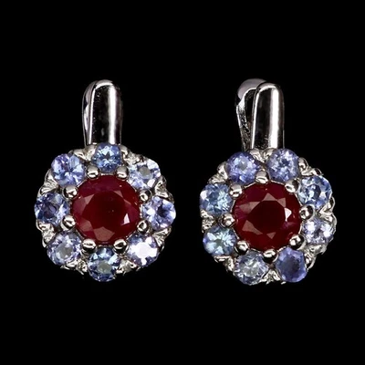 925 Sterling Silver Earrings Round Ruby 5mm Tanzanite Natural Gemstone Jewelry - Image 1 of 4