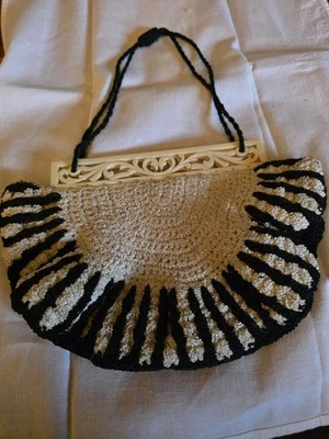 Vtg Antique Crocheted Handbag Carved Plastic Handle Satin Liner - Image 1 of 4