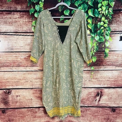 Туника Kurta Midi платье XXL 2XL цветочный сад слезоточивый ацтеков племенной зеленый желтый - Изображение 1 из 4