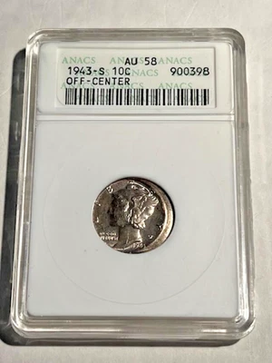 Moeda de dez centavos de mercúrio rara 1943-s 10% de desconto no centro. Erro em perfeito estado. Frete GRÁTIS com certificação ANACS. - Imagem 1 de 4