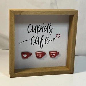 Cupid's Cafe 6" Box Sign Coffee Mugs Cups Hearts Valentine's Day Wood New - Picture 1 of 4
