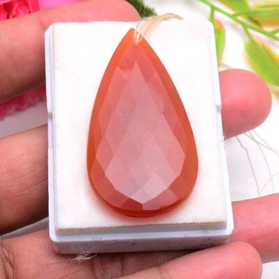 61.00 Cts Natural Orange Onyx 50mm*25mm Drilled Pear Rose Checker Cut Gemstone - Image 1 of 4
