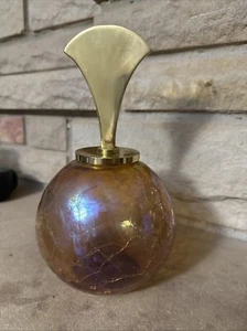 Mid-Century Modern Brass Stopper Iridescent Pink Crackle Glass Bottle - Picture 1 of 5