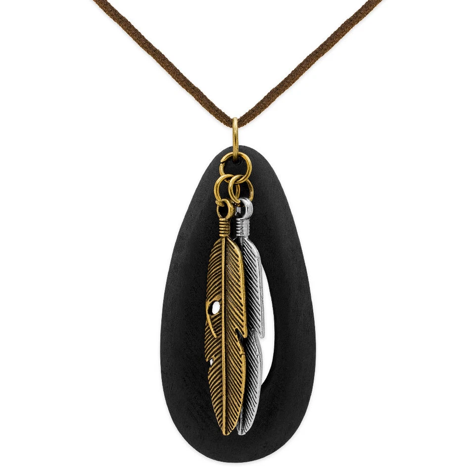 Collana In Pelle Con Medaglione In Legno E Piume In Ottone Argento Oro Nero Boho - Immagine 1 di 1