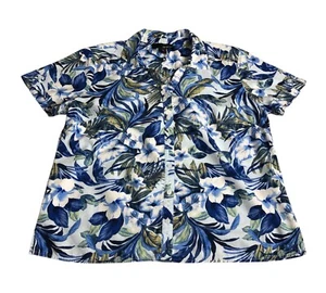 Erika Top Women Medium Petite Blue Floral Hawaiian Short Sleeve Split Neck Shirt - Picture 1 of 9