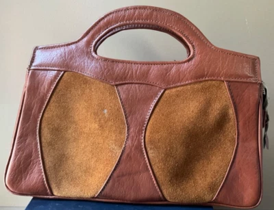 Bolso de mano de colección años 70 Boho marrón gamuza genuina e imitación cuero. ¡Gran estado! Foto 1 de 4