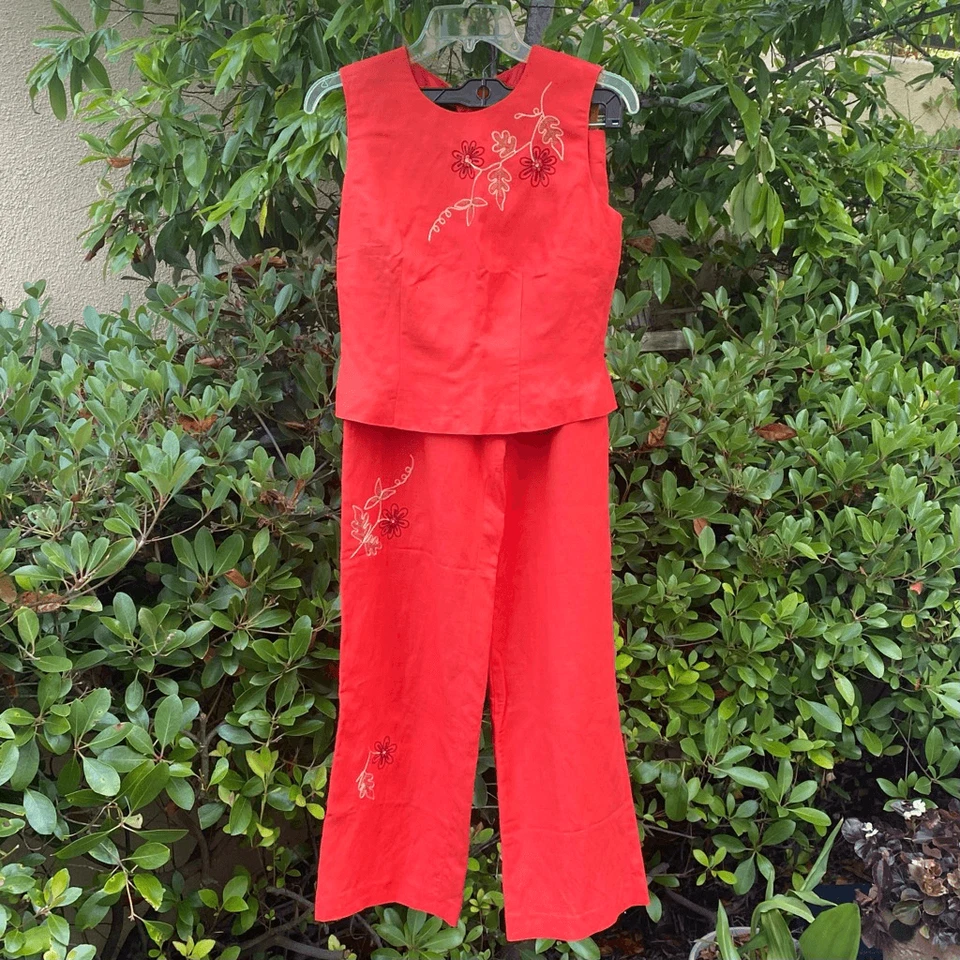 Donna Morgan Women's Orange Linen Blend Floral Embroidered Pantsuit 2 Pcs Size 6 - Image 1 of 4