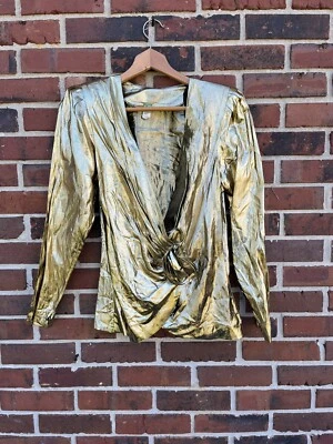 VTG 80s Gold Wrap Shrug Blouse Shirt Sexy Studio 54 Metallic Small Medium - Image 1 of 3
