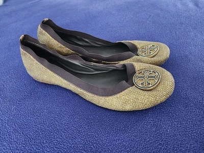 Sapatilhas de balé TORY BURCH Caroline tamanho 10,5M ouro têxtil superior - sola de couro excelente estado usado! - Imagem 1 de 4