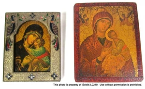 LOT 2 VTG Madonna & Child PLAQUES GREECE BYZANTINE MOSIACE ENAMEL on SOLID BRASS - Picture 1 of 3