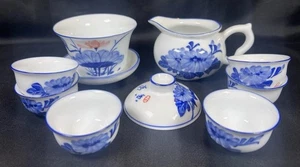 VTG Blue & White Porcelain Chinese Blue Lotus Tea Set Jingdezhen Mark 10 Piece - Picture 1 of 22