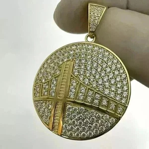 2.50 Ct Round Cut Real Moissanite 14K Yellow Gold Plated Circle Men's Pendant - Picture 1 of 3