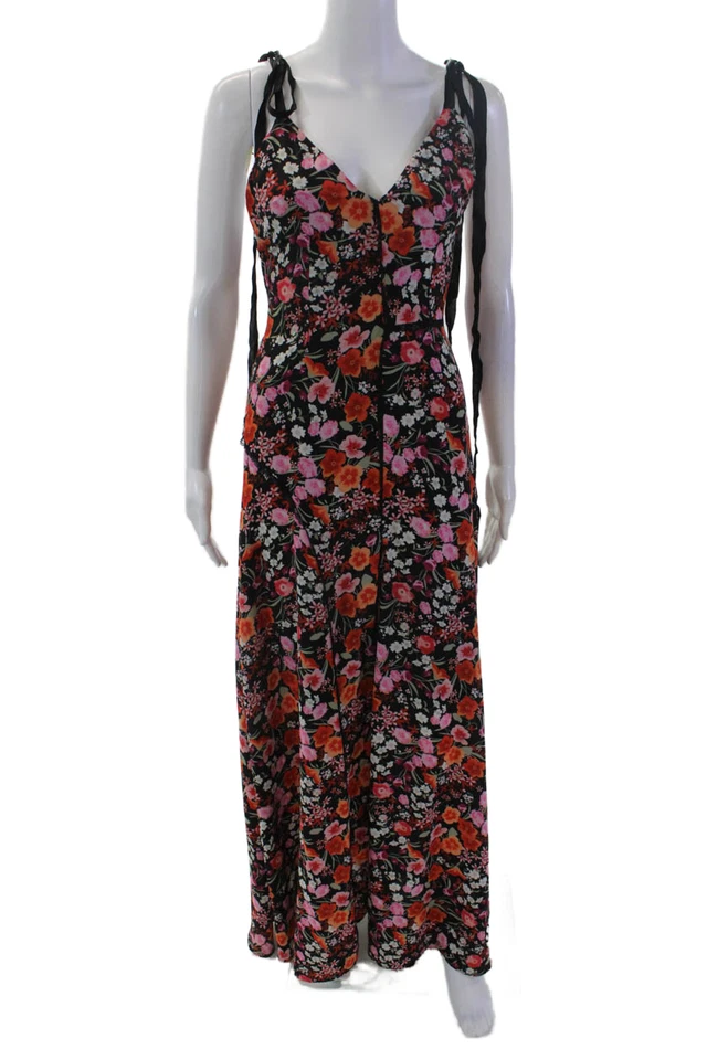 Goen J Womens Floral Print V-Neck Sleeveless Zip Up Maxi Dress Black Size S - Image 1 of 4