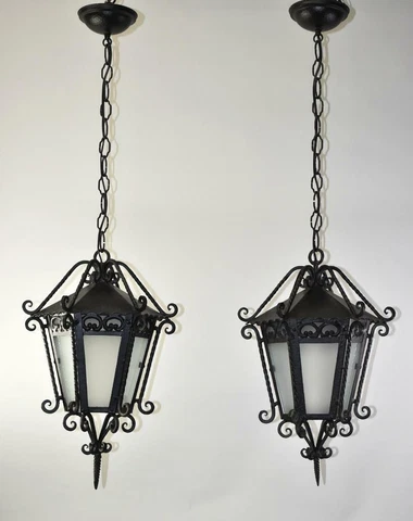 Pair Vintage Wrought Iron Pendant Chandeliers Hammered Ceiling Caps Cover