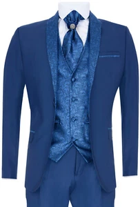 Herren 4 Teiler Hochzeitsanzug Bräutigam Vintage Schalkragen Blau Krawatte Tailored Fit - Bild 1 von 5