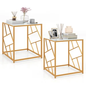2PCS 19.5" Square End Table Sofa Side Table Coffee Table w/ Tempered Glass Top - Picture 1 of 8