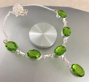 NATÜRLICHE OVALE GRÜNE PERIDOT 925 STERLINGSILBER HALSKETTE 20" HANDARBEIT - Bild 1 von 5