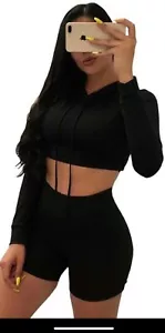 Women Shorts Set Small BLACK Two Piece Hooded Long Sleeves Crop Top And Bikers - Picture 1 of 8