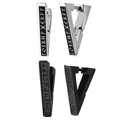 2pcs Norse Viking Runes Hoop Earrings Punk Amulet Protection Huggie for Men Boys - Image 1 of 4