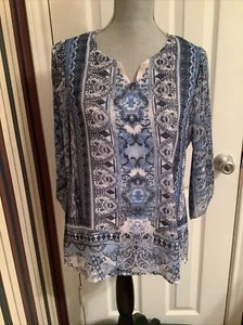 JM Collection PM Blue V Neck Beaded pullover Lined Tunic Top 3/4 Sleeve - Picture 1 of 8