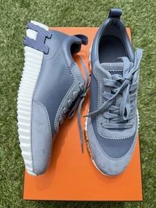 SNEAKERS HERMES BOUNCING BLU MER PELLE SCAMOSCIATA SUOLA BIANCA MODA 38 - Foto 1 di 16